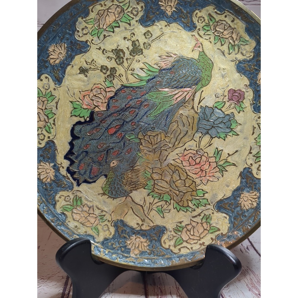 Vintage Brass Plate Cloisonne Peacock Made In India - Picture 2 of 5